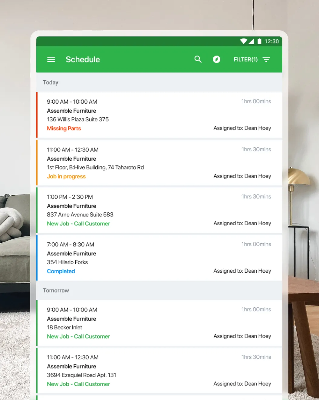 Kitset Assembly Android schedule app listing jobs with statuses like Missing Parts, In Progress and Completed