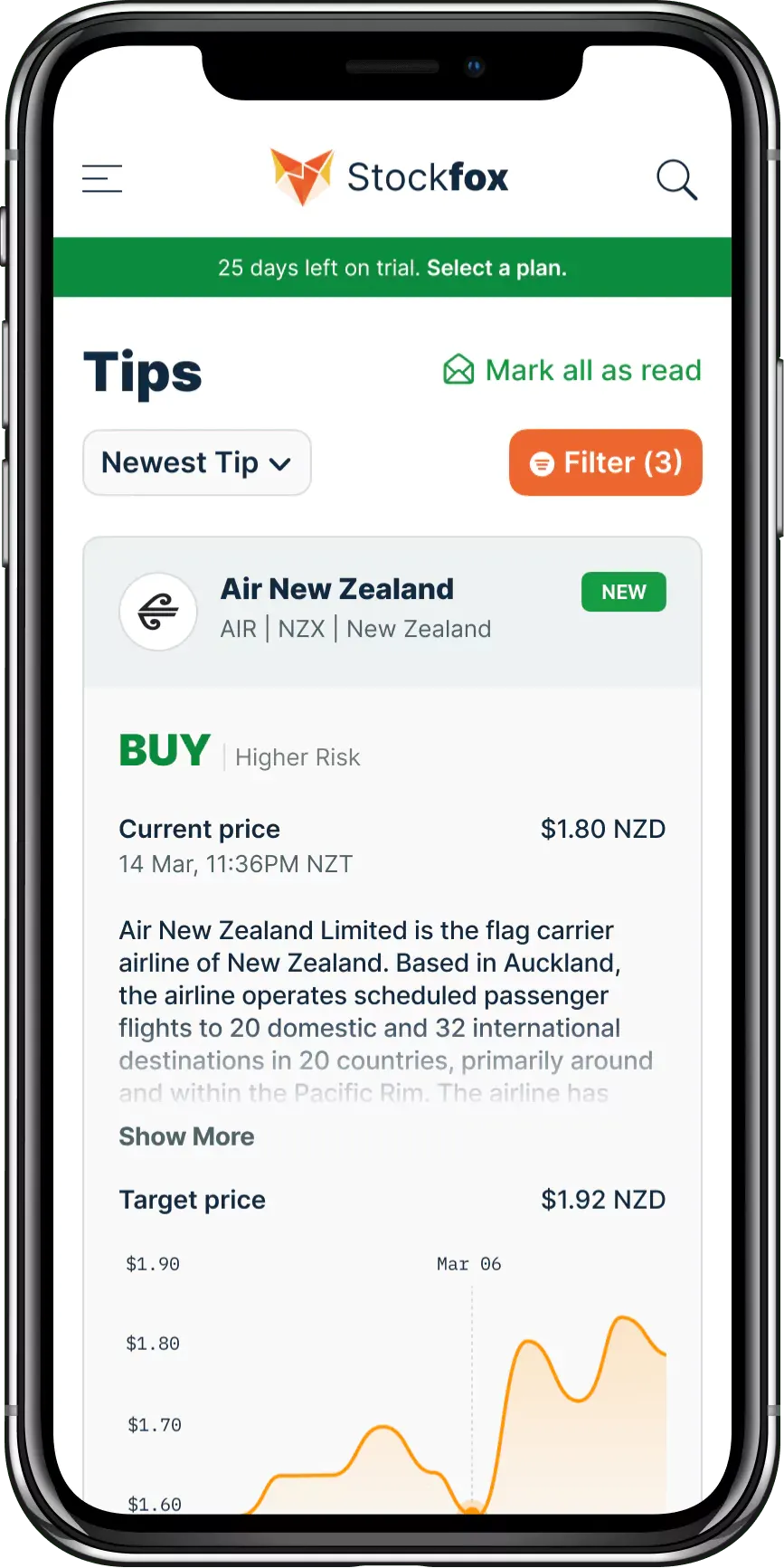 Stockfox Tips feed showing an Air New Zealand Buy tip with current and target price