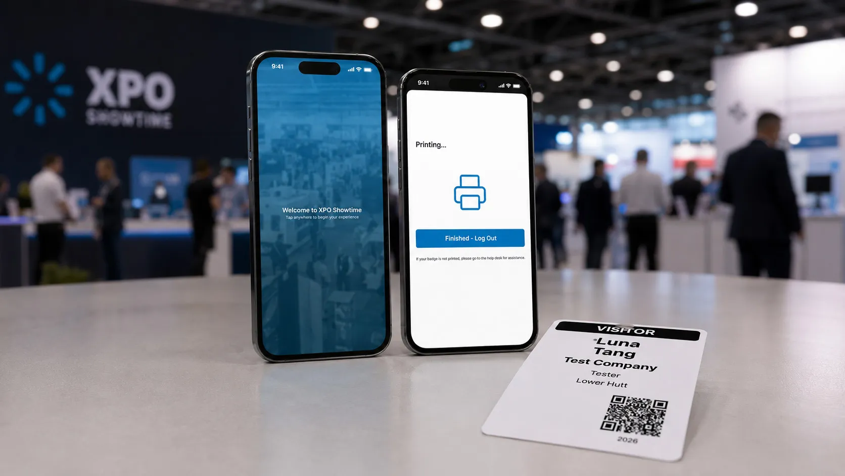 XPO Showtime app on two iPhones showing the welcome screen and badge printing, beside a printed visitor badge with QR code