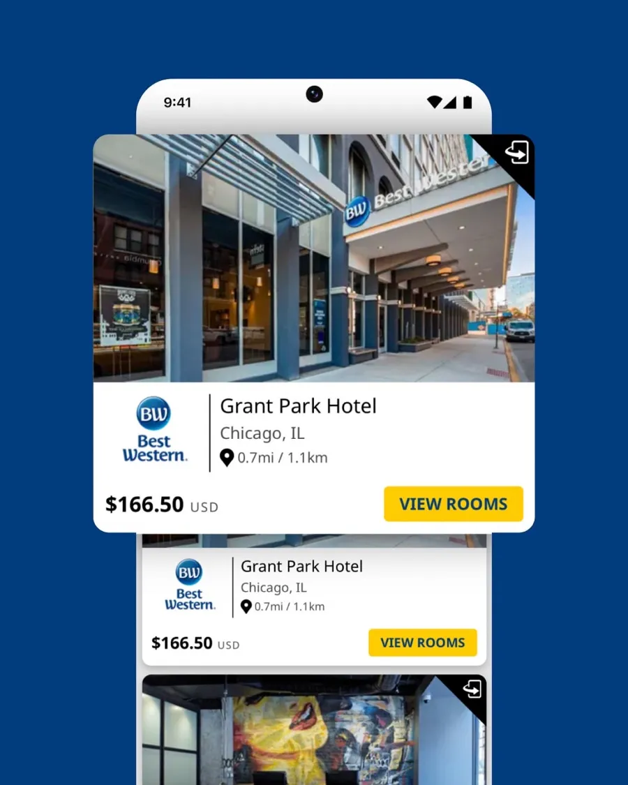 Best Western To Go hotel detail with room options and one-tap booking