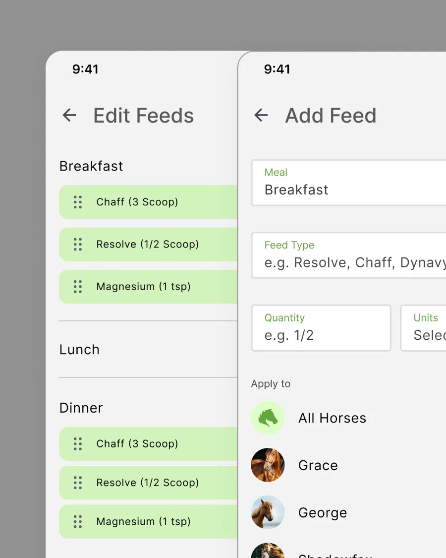 Equitask feed setup form for adding a new daily feed to a horse's schedule