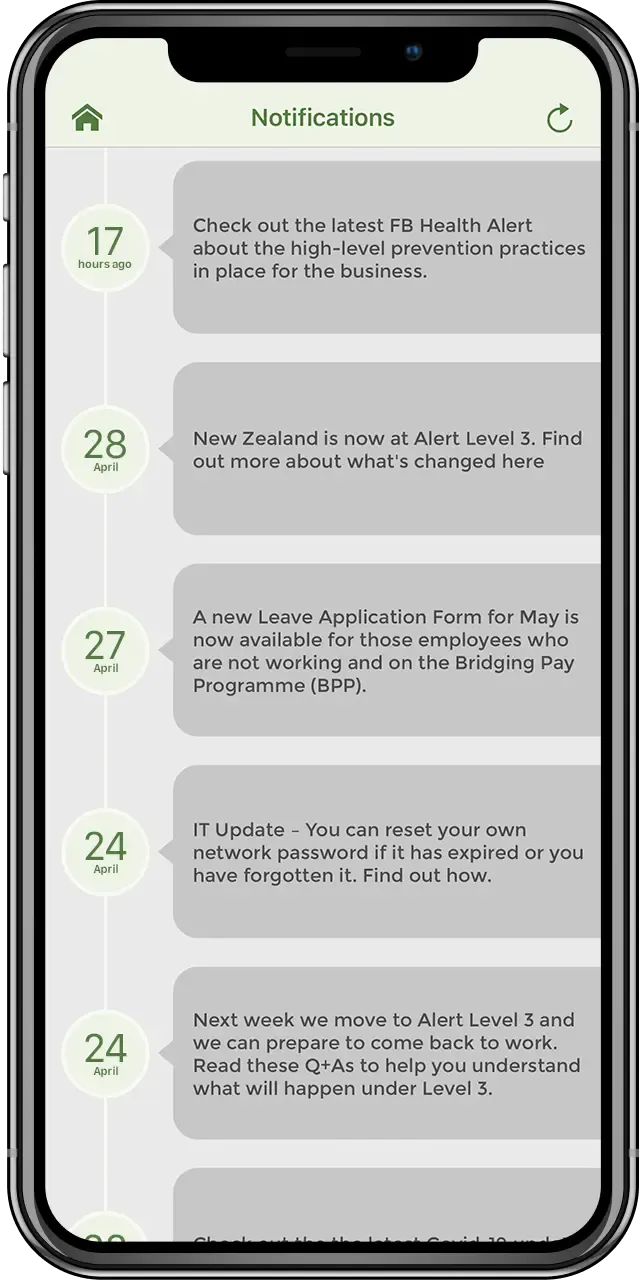 Fletcher Building support hub push notification and FAQ screen
