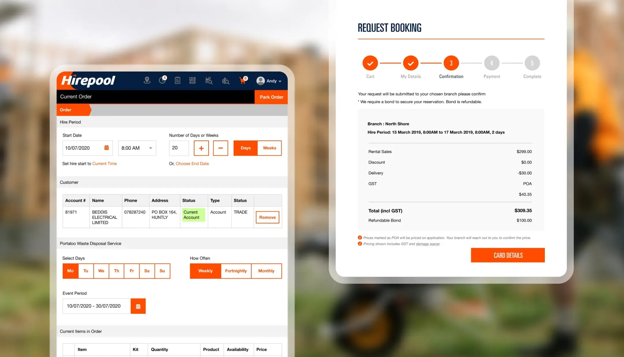 Hirepool web platform order form beside a request booking confirmation with hire dates and pricing