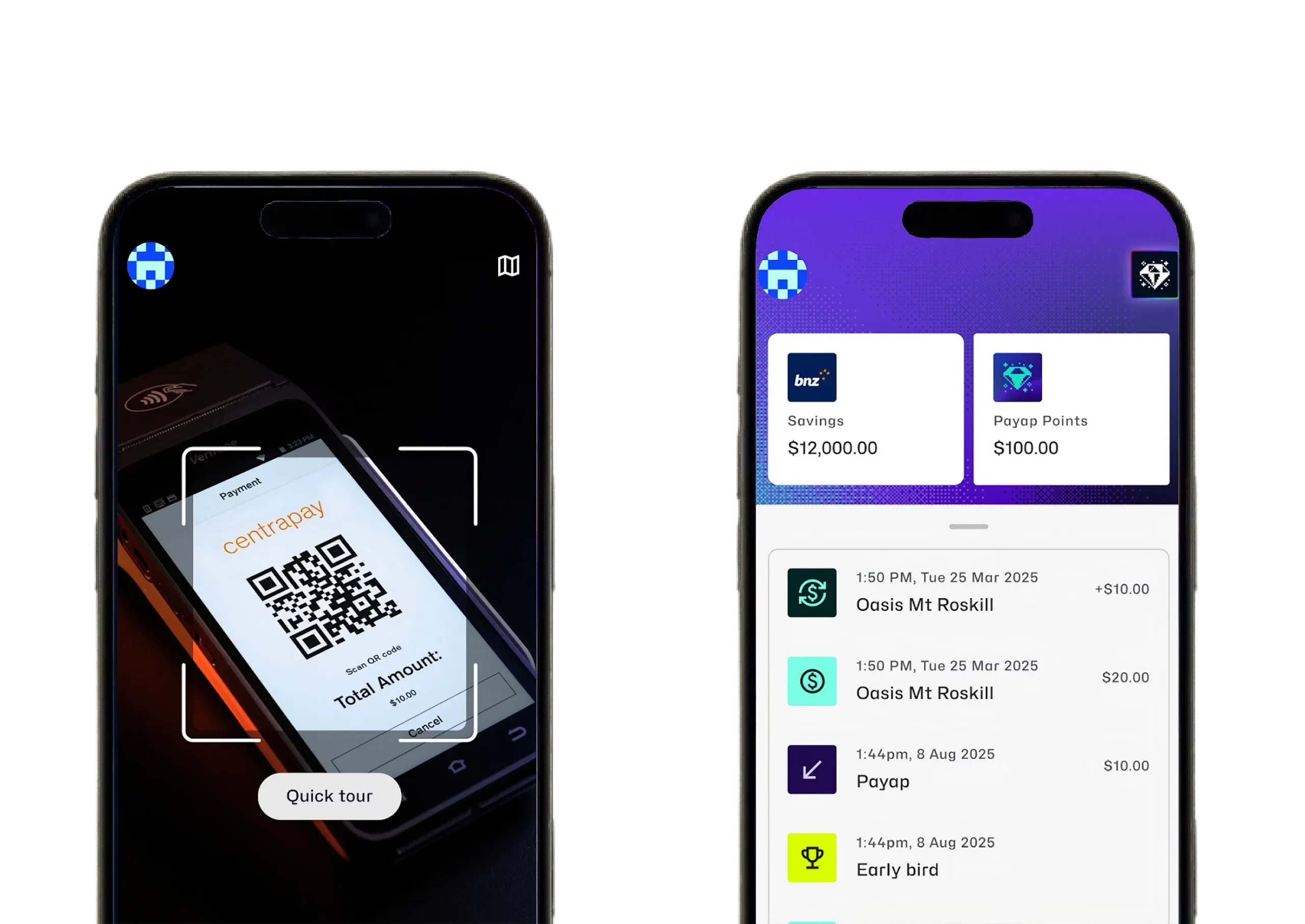 PAYAP scanning a Centrapay QR code on a payment terminal, beside a home screen showing bank and Payap Points balances with transaction history