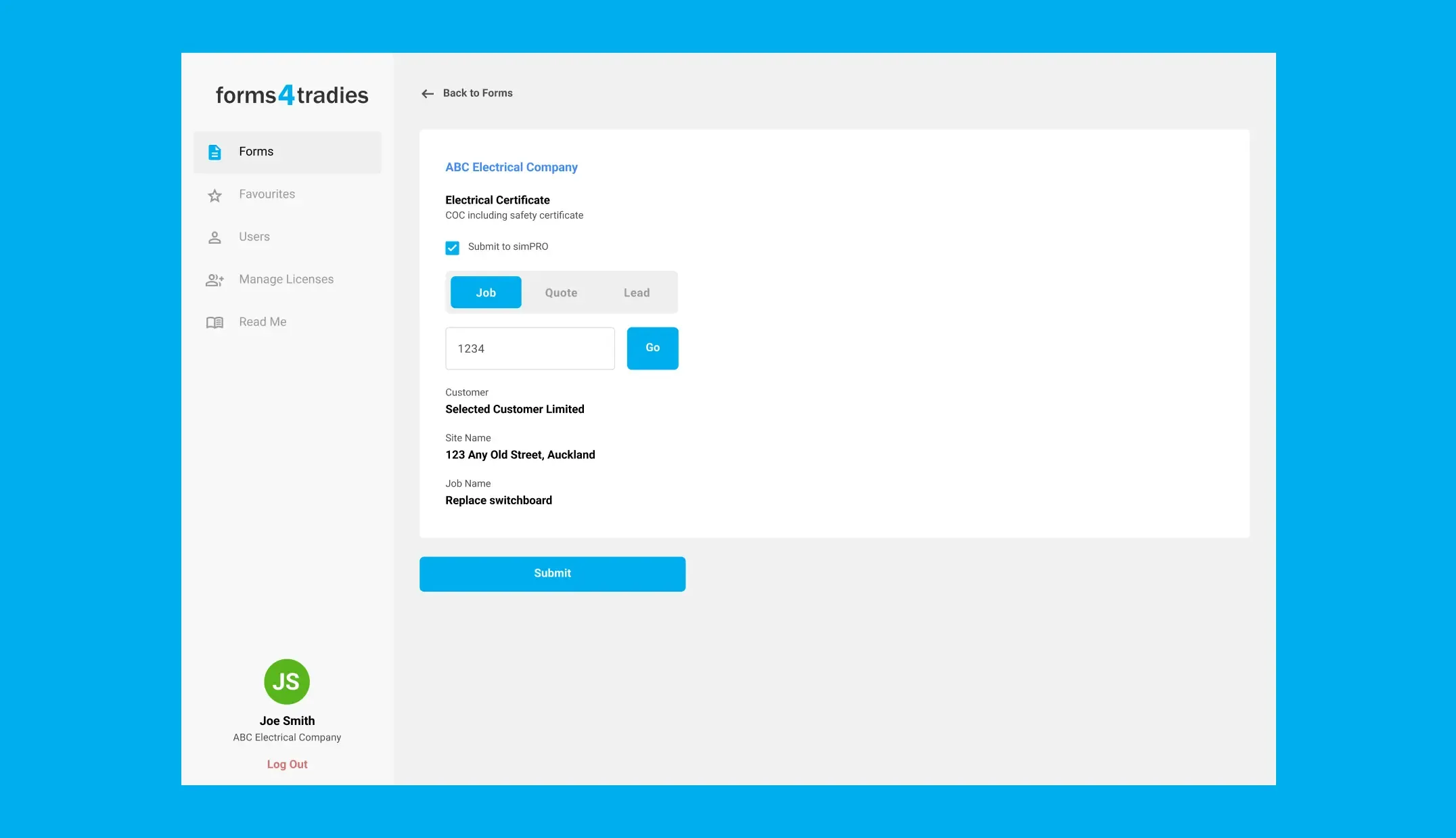 Forms 4 Tradies web admin showing an electrical certificate form with a Submit to simPRO option