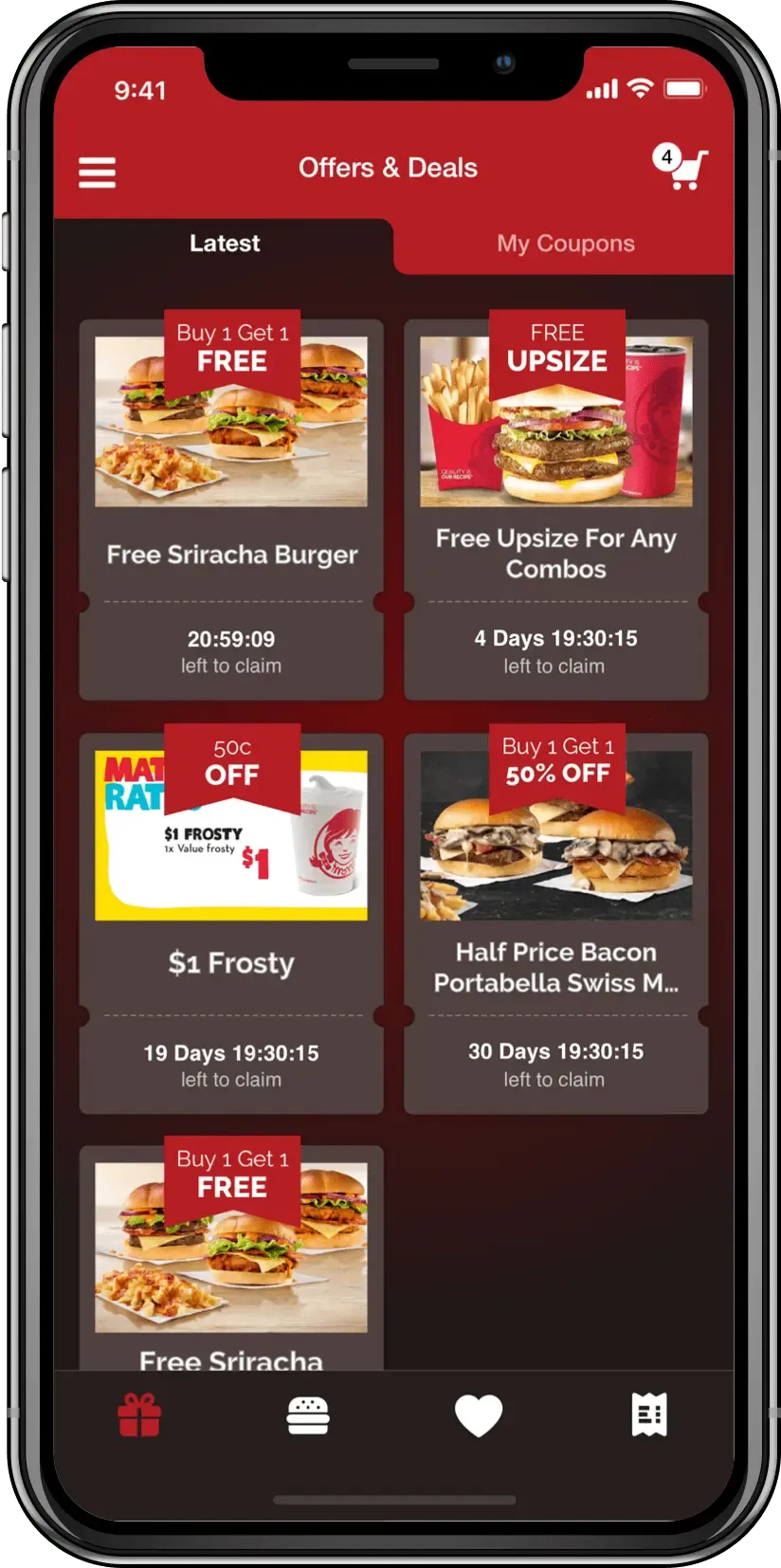 Wendy's app Offers and Deals screen with buy-one-get-one, free upsize and $1 Frosty coupons