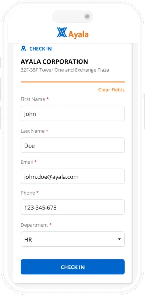 Ayala Corporation mobile check-in form capturing name, email, phone and department