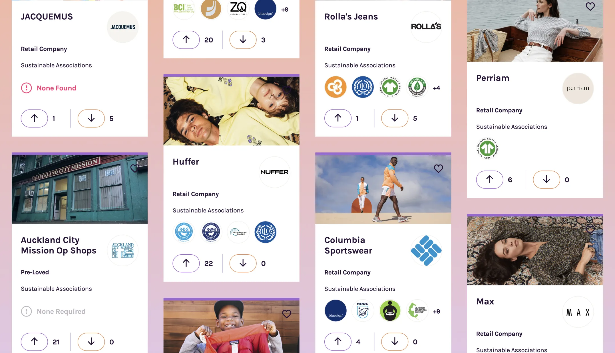 All Things Considered brand profile cards for Jacquemus, Huffer, Columbia and more, showing certification badges and community votes