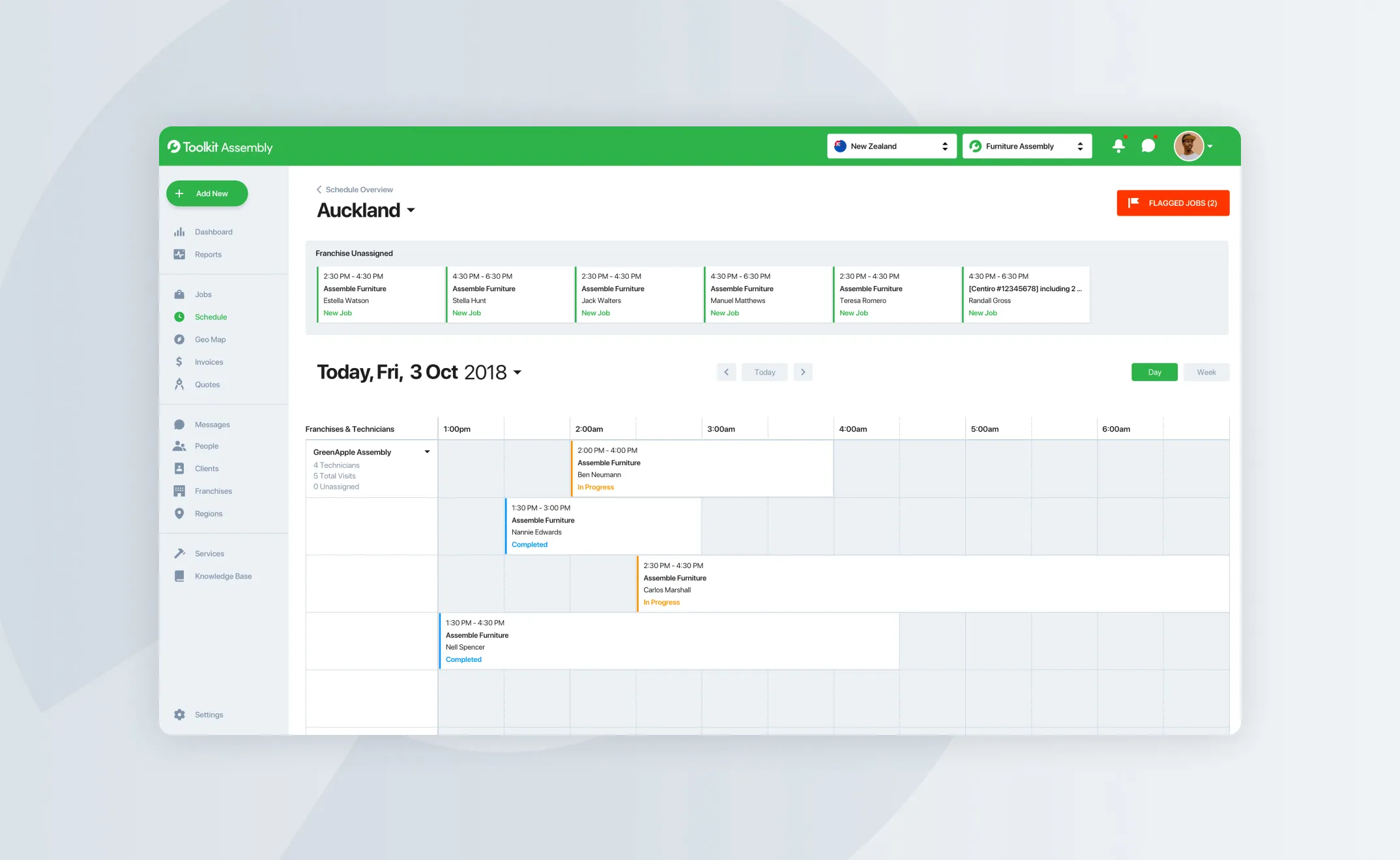 Toolkit Assembly web dashboard showing the Auckland day-view calendar of scheduled assembly jobs by franchise