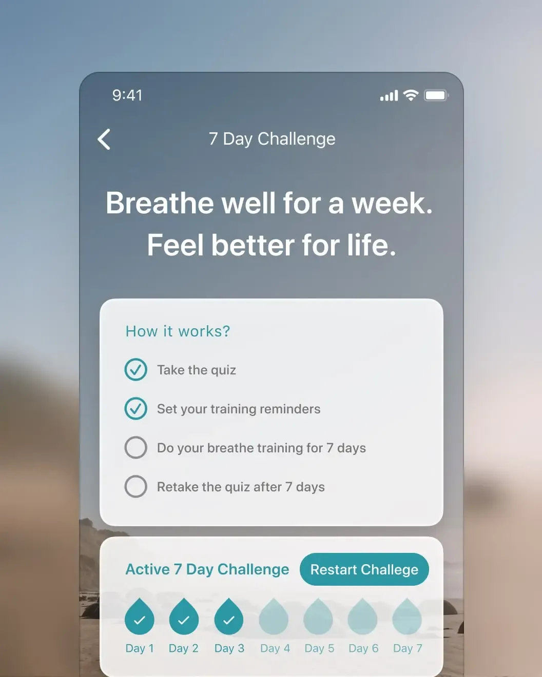 Take a Breath 7 Day Challenge screen with a how it works checklist and daily droplet progress tracker
