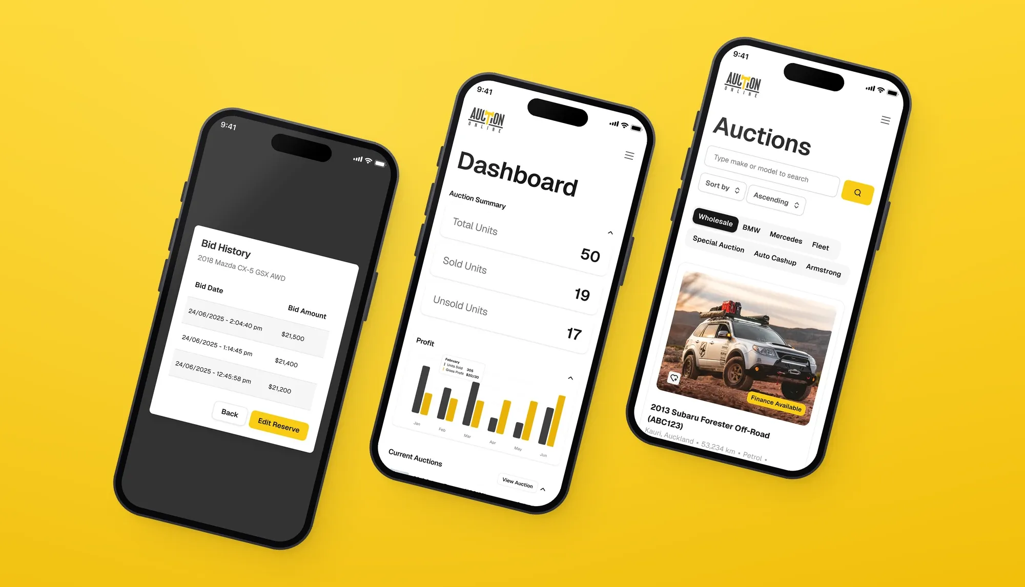 Three phones showing Auction Online bid history, the seller dashboard with sold and unsold units and a monthly profit chart, and the live auctions list