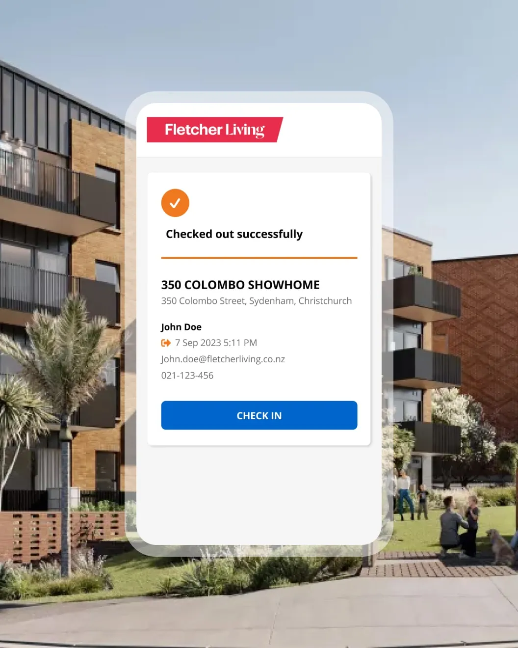 Fletcher Living app confirming check-out with a button to check in again