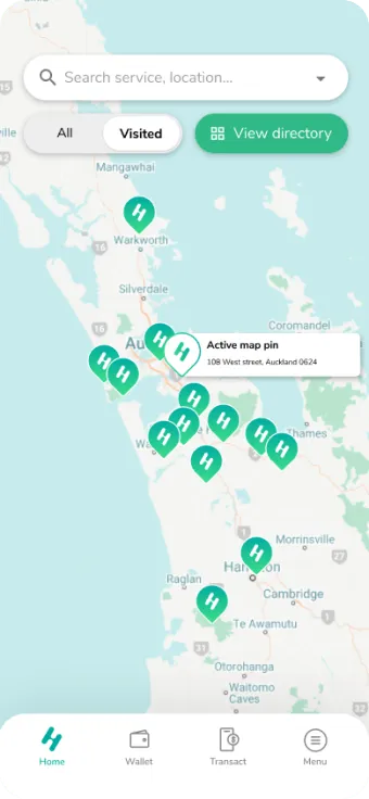 HealthNow app map of green pins for health providers across New Zealand with an Auckland location selected