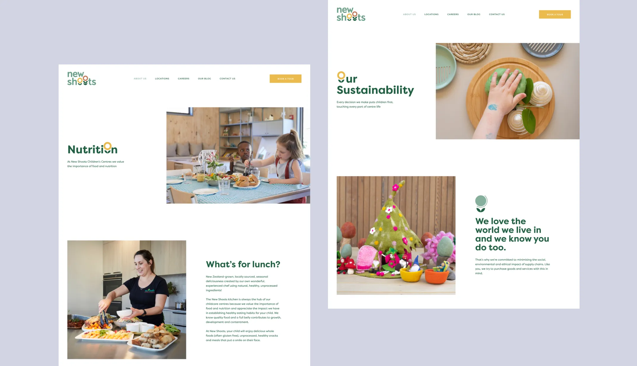 New Shoots Nutrition and Sustainability web pages showing children eating and nature-play crafts