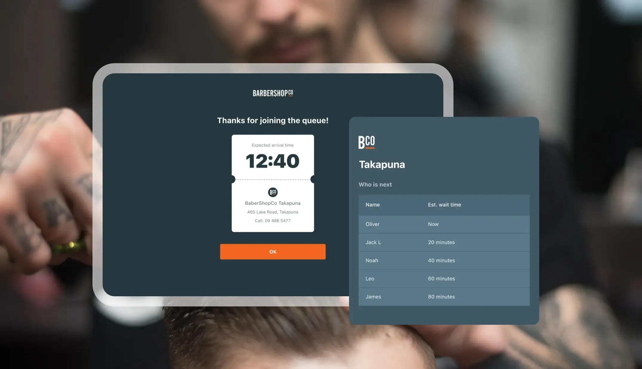 BarberShopCo kiosk screens showing a queue ticket with expected arrival time and a live who is next wait list