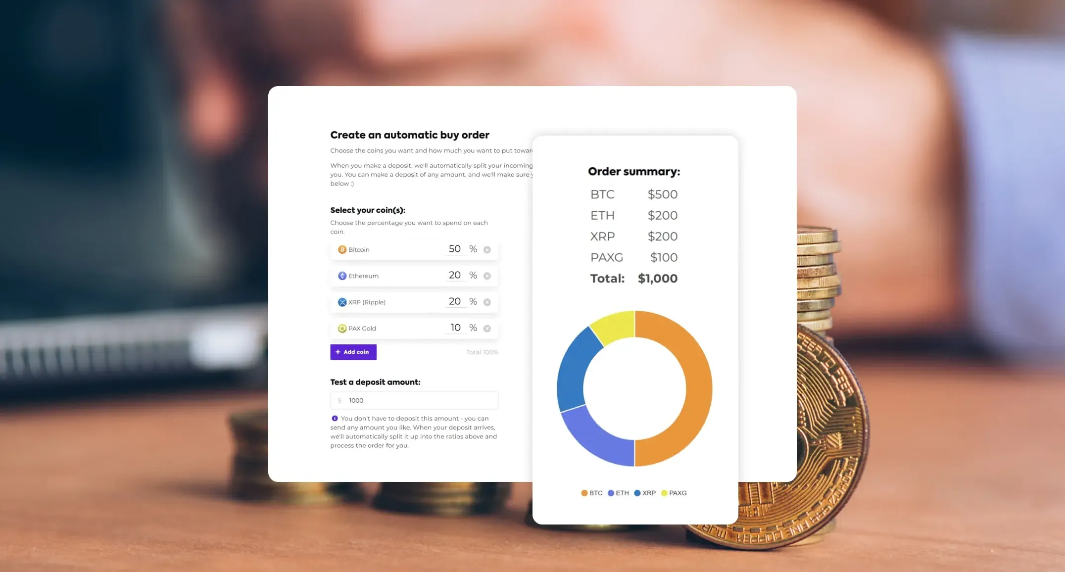Easy Crypto automatic buy order screen splitting a $1,000 deposit across BTC, ETH, XRP and PAX Gold with an order summary donut chart