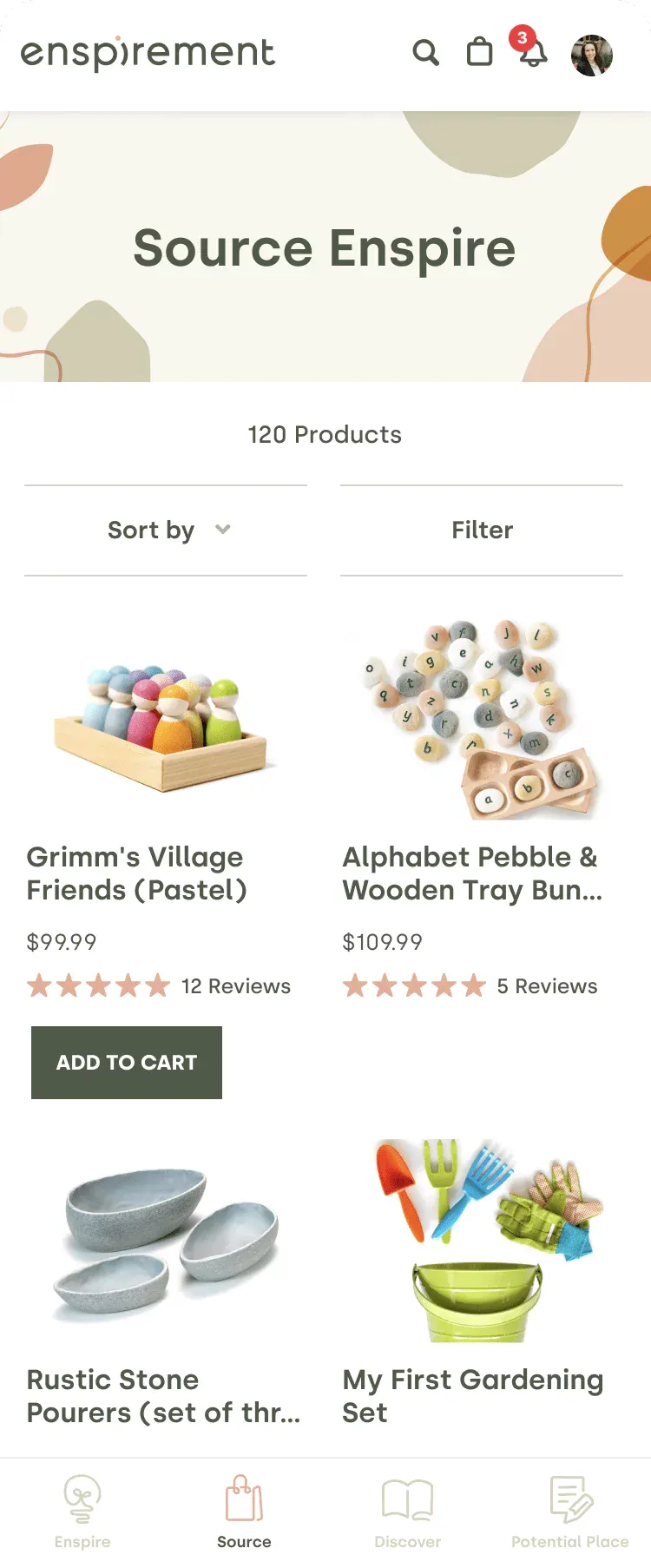 Enspirement mobile Source shop screen listing 120 wooden and natural learning products with sort and filter