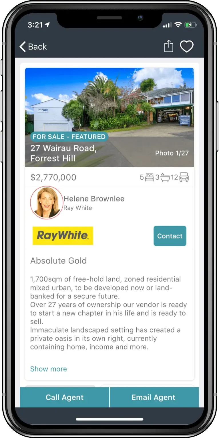 Homes.co.nz property detail screen showing price, beds, baths and listing agent