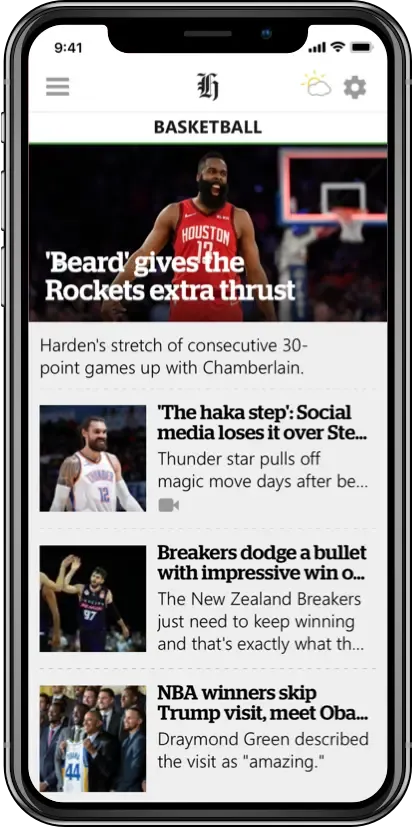 NZ Herald app Basketball section on iPhone showing a hero story and scrollable headline feed