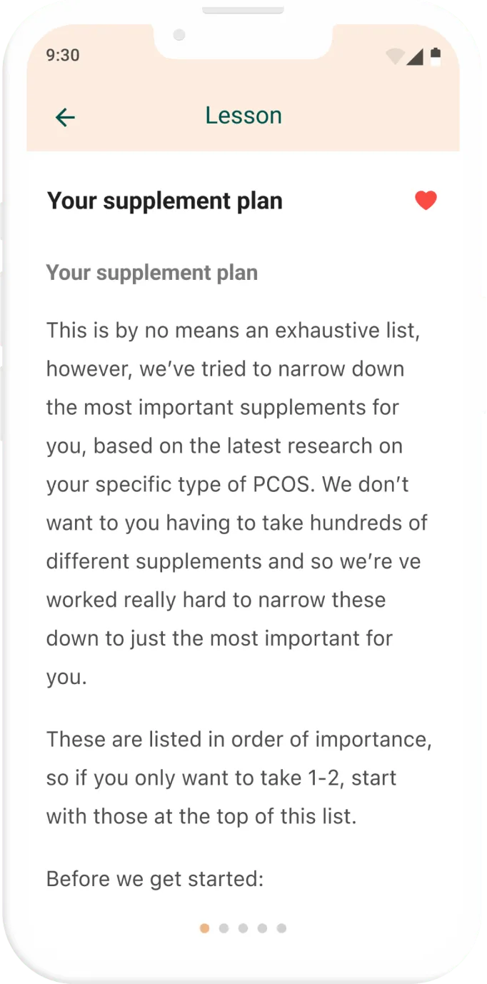Ovie supplement plan lesson text with a favourite heart and a swipeable page carousel
