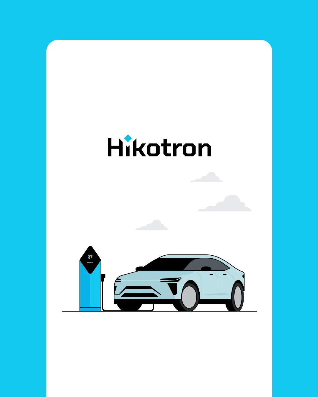 Hikotron app splash screen with the wordmark above an EV plugged into a Hikotron charger