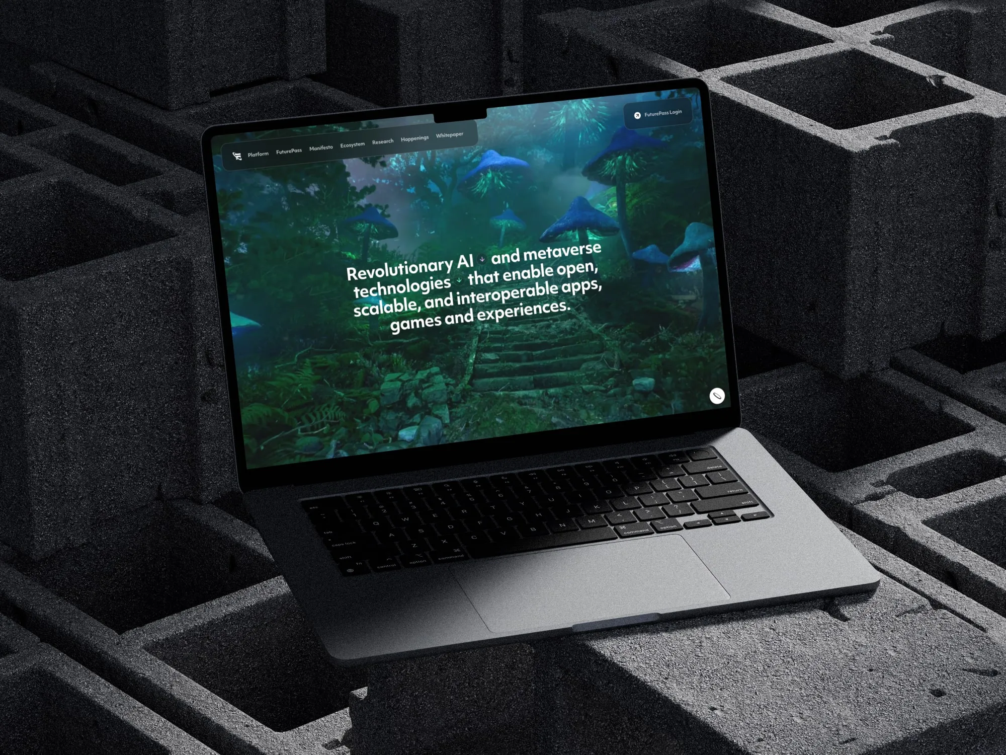 Futureverse platform homepage on a MacBook, with a glowing mushroom forest hero promoting its AI and metaverse technologies