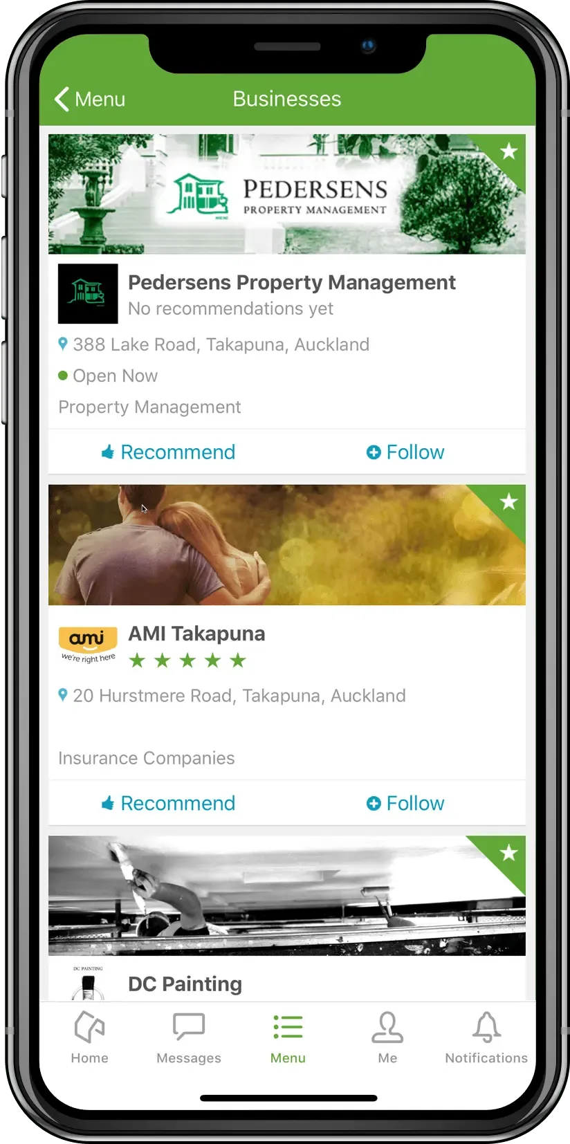 Neighbourly app local Businesses directory listing companies in Takapuna, Auckland with ratings and Recommend and Follow buttons