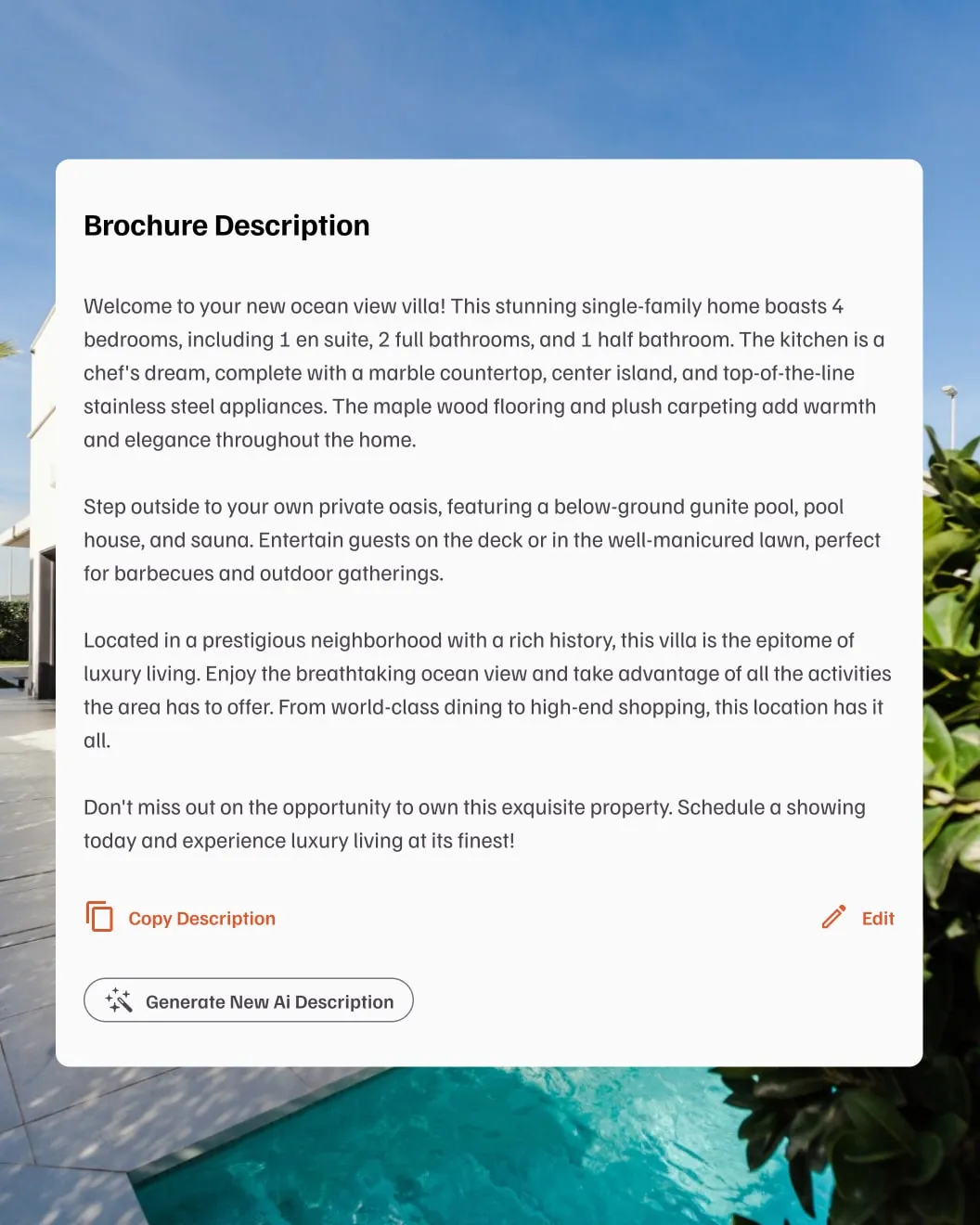 Property Writer AI brochure panel showing an AI-generated ocean view villa description