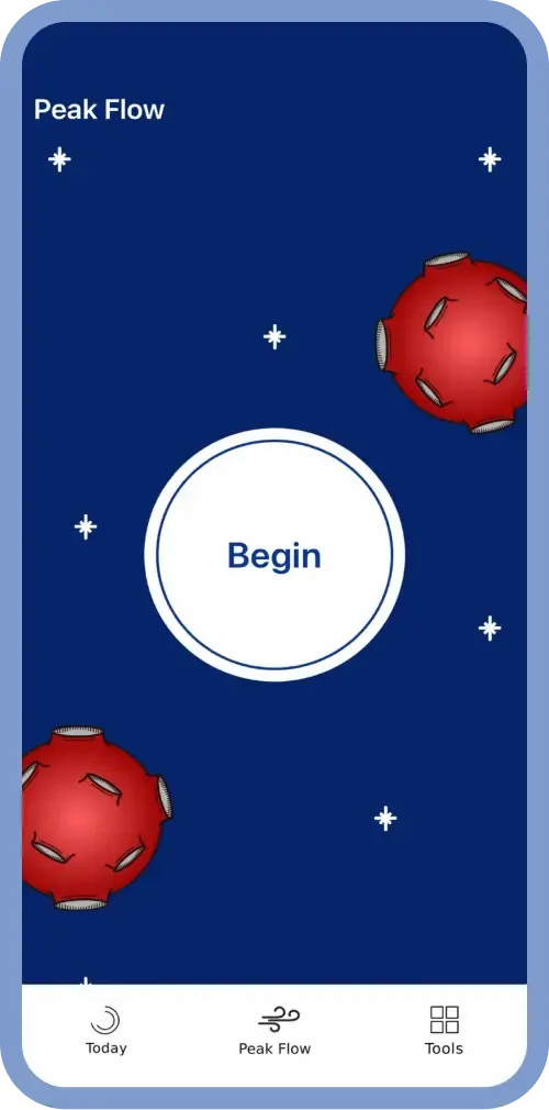 RespiTrak Peak Flow test start screen with a Begin button over a space-themed breathing game