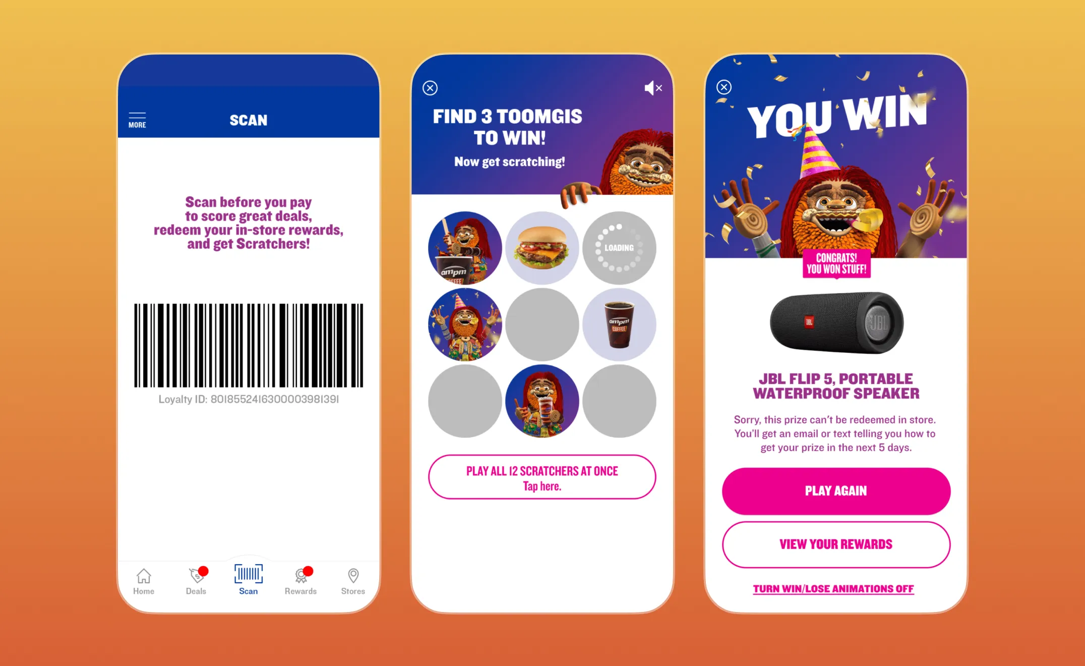 Three ampm app screens: loyalty barcode scan, the Toomgis scratcher game, and a You Win JBL Flip 5 speaker prize