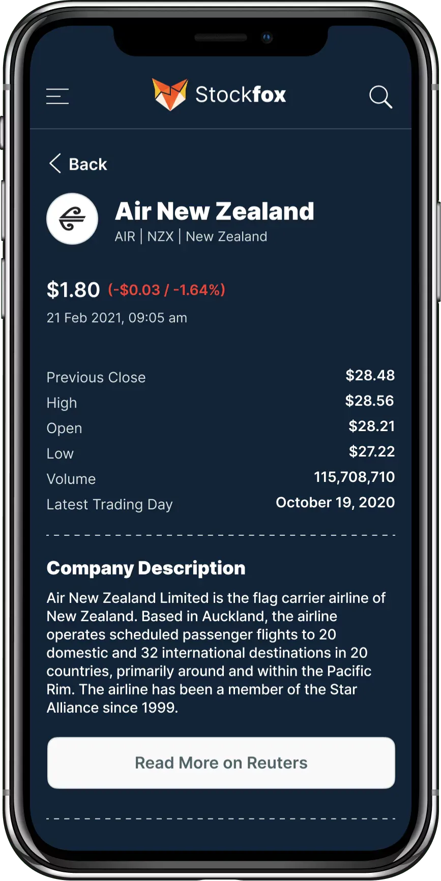 Stockfox dark-theme company detail for Air New Zealand with open, high, low and volume stats