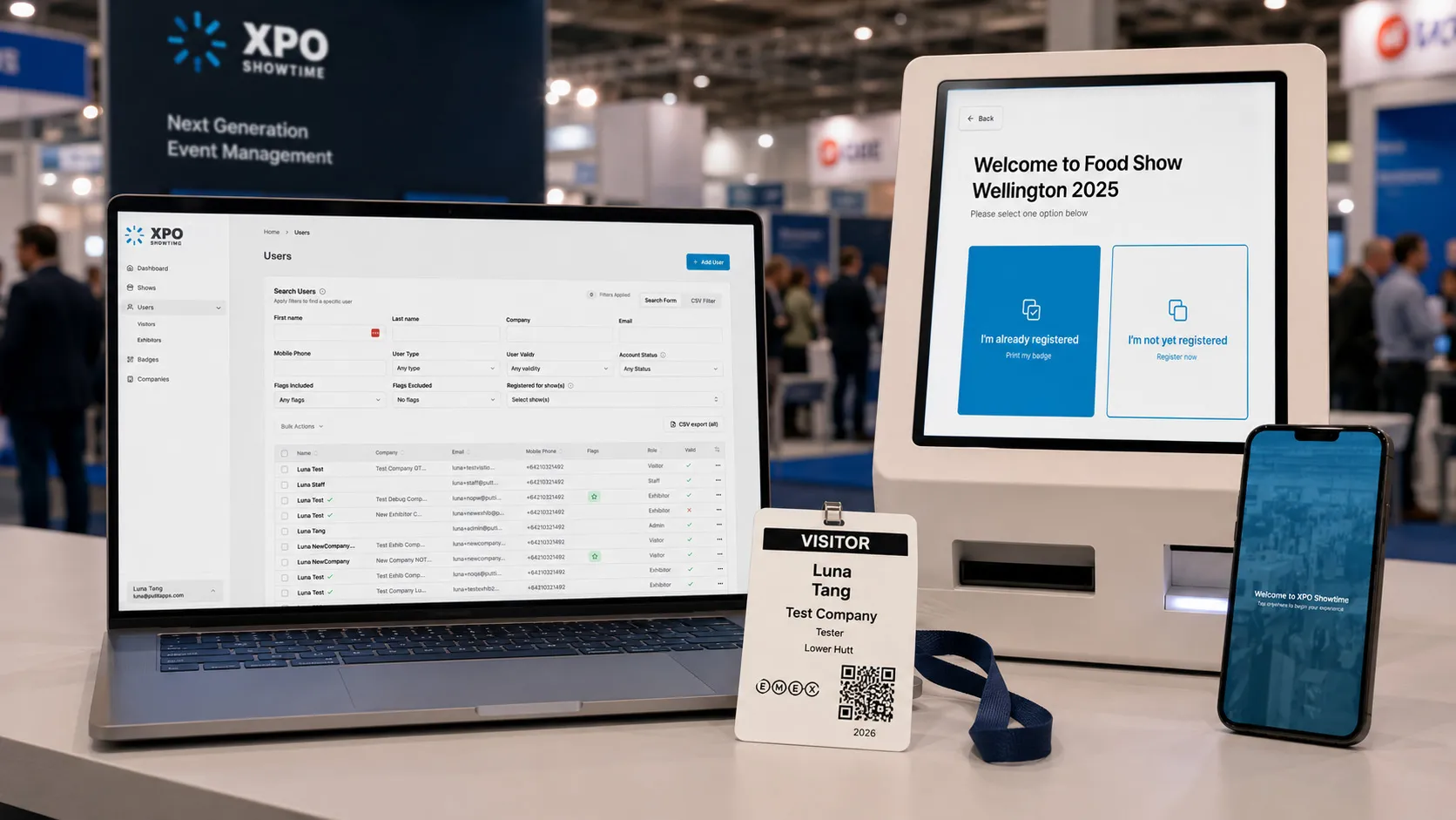 XPO Showtime admin dashboard on a laptop with a Food Show registration kiosk, mobile app and visitor badge at a live show