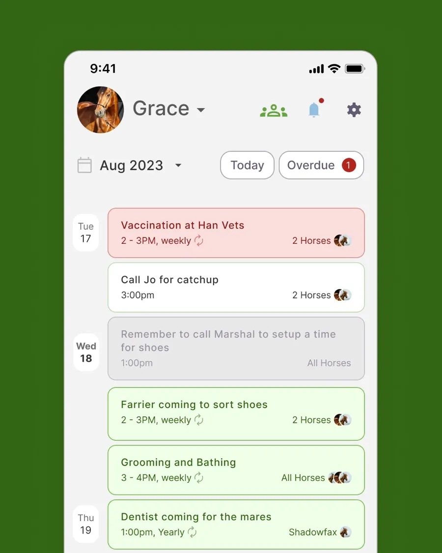 Equitask events calendar showing upcoming reminders and booked services