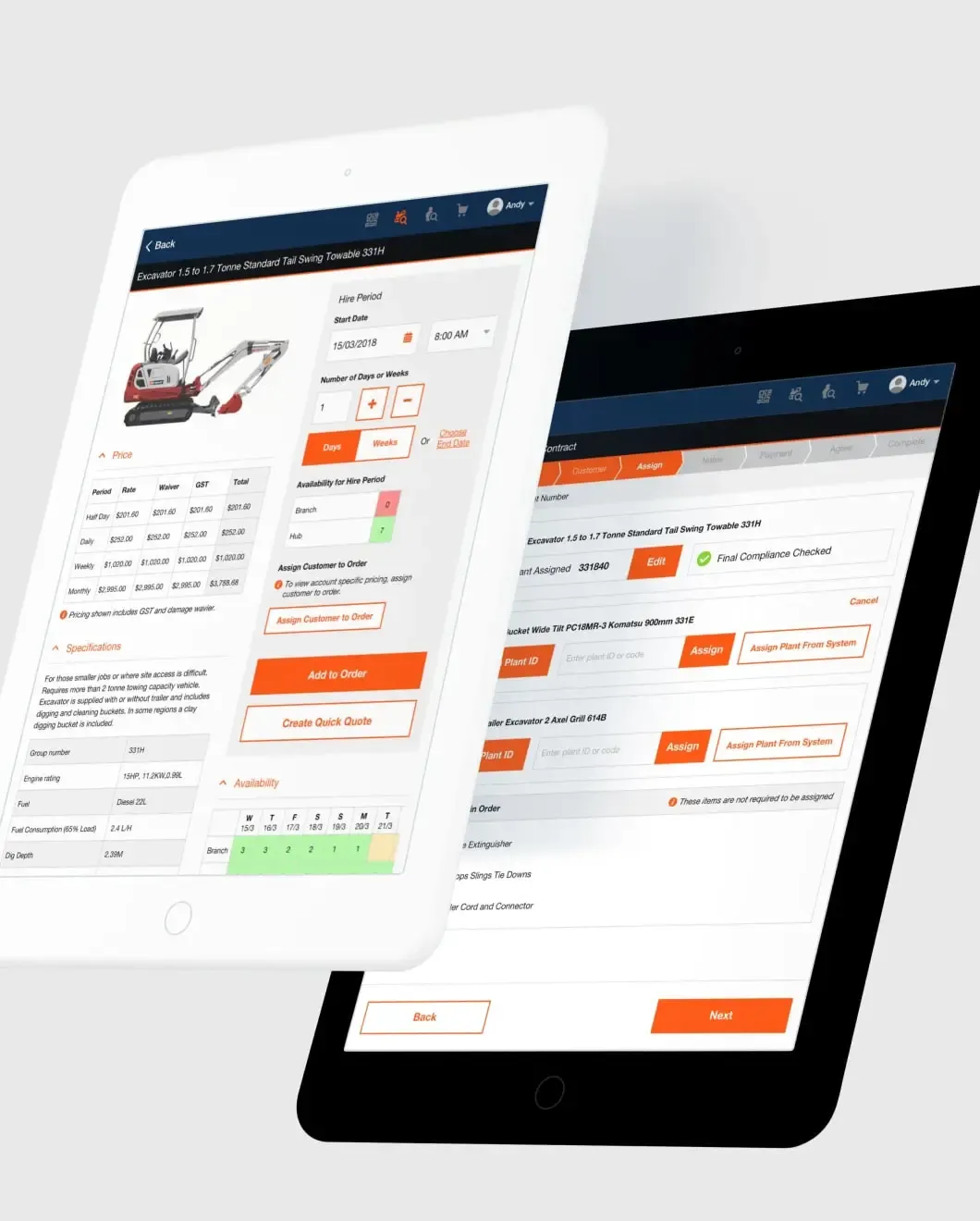 Hirepool platform on two tablets showing equipment pricing and availability and a contract plant assignment screen