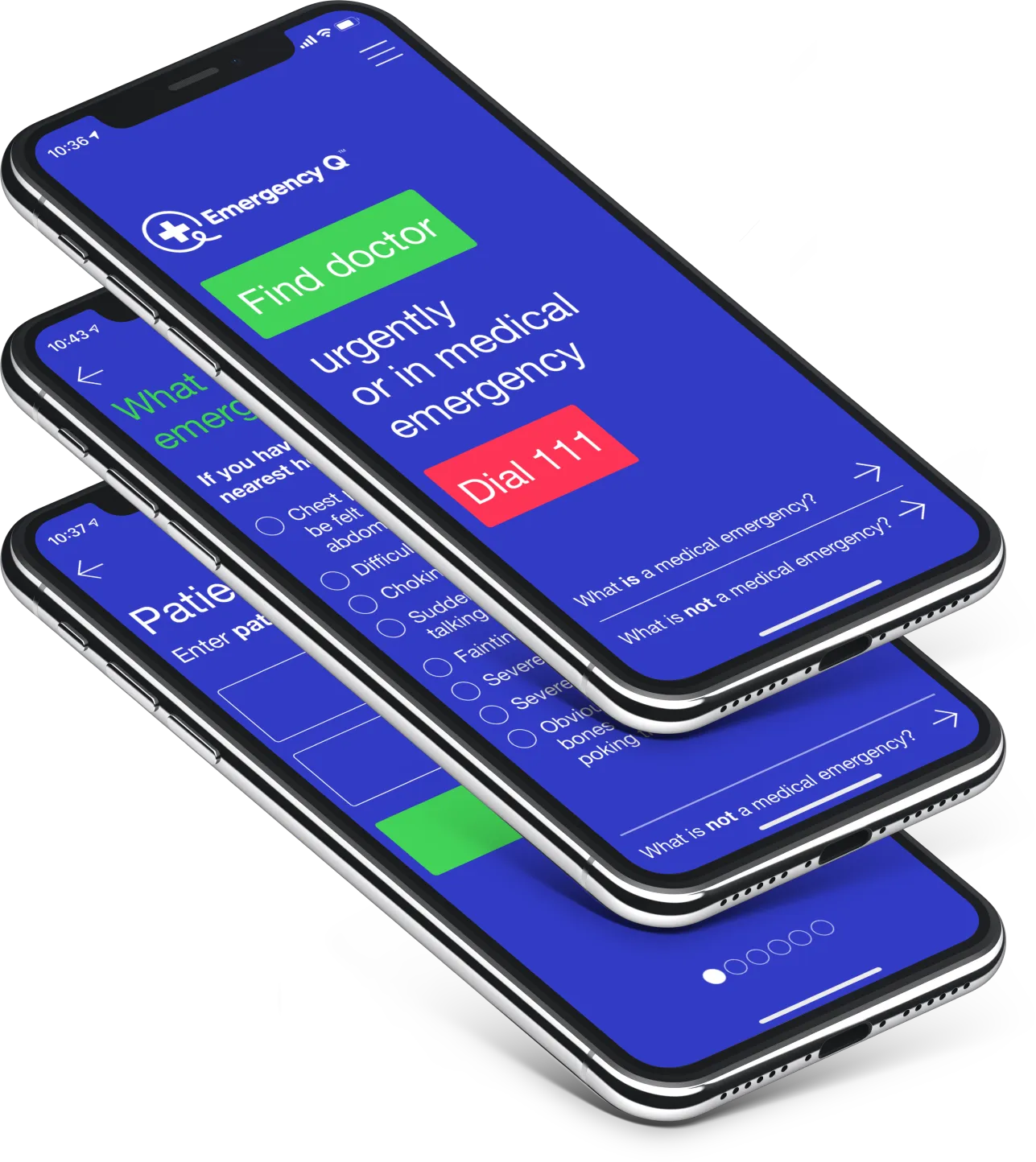 Three Emergency Q app screens showing the home page, patient details form and emergency-symptoms checklist