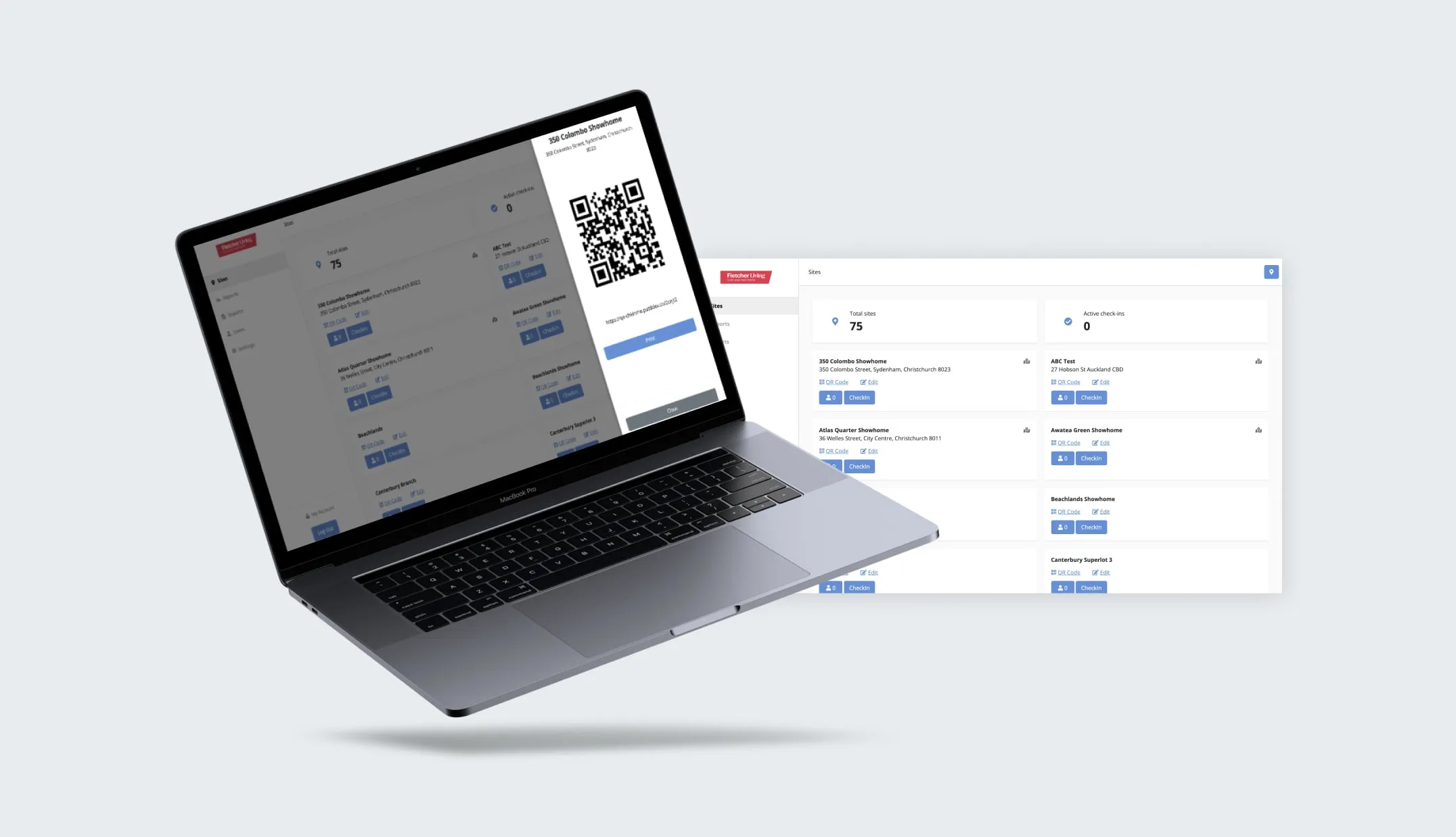 Fletcher Living admin dashboard listing 75 sites with a printable QR check-in code for the 350 Colombo showhome