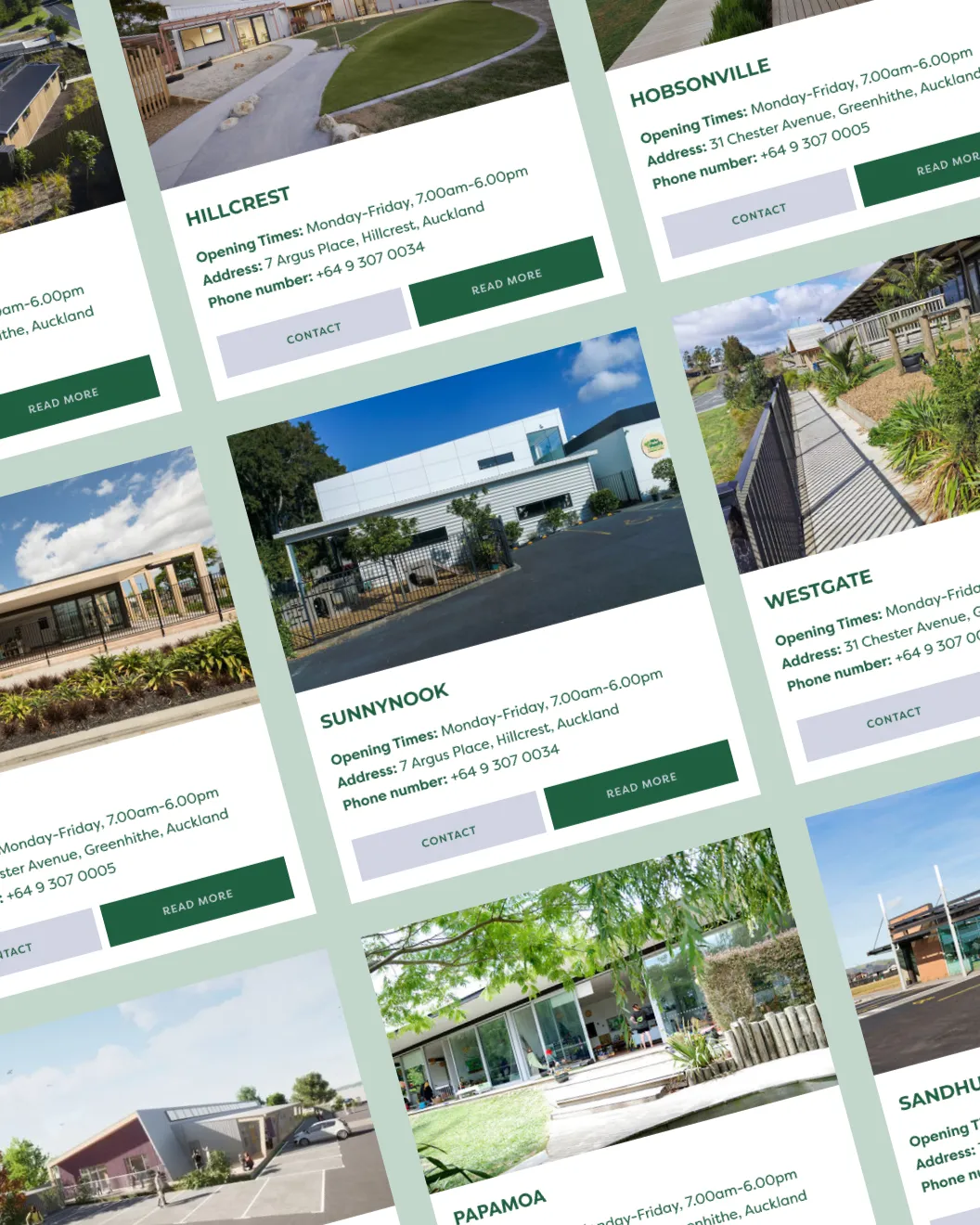 New Shoots location cards showing centre photos, hours, addresses and contact buttons