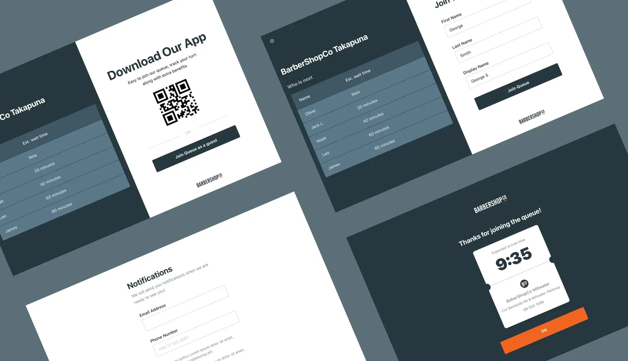 BarberShopCo kiosk flow with QR download, who is next list, guest sign-up, notifications and queue ticket