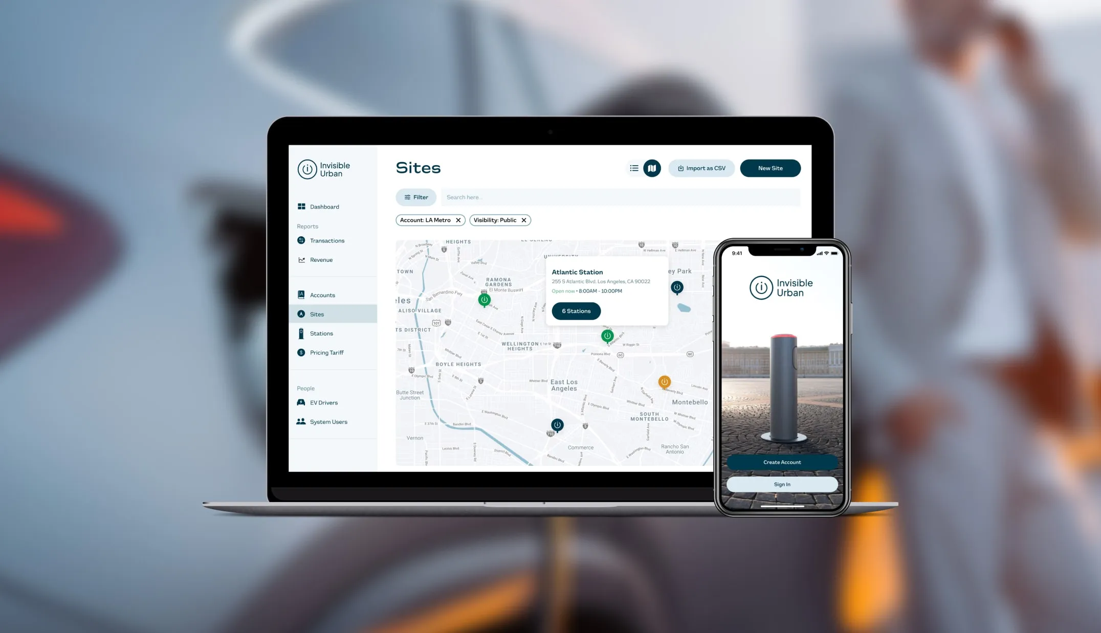 Invisible Urban admin portal Sites map on laptop beside the driver app sign-in screen