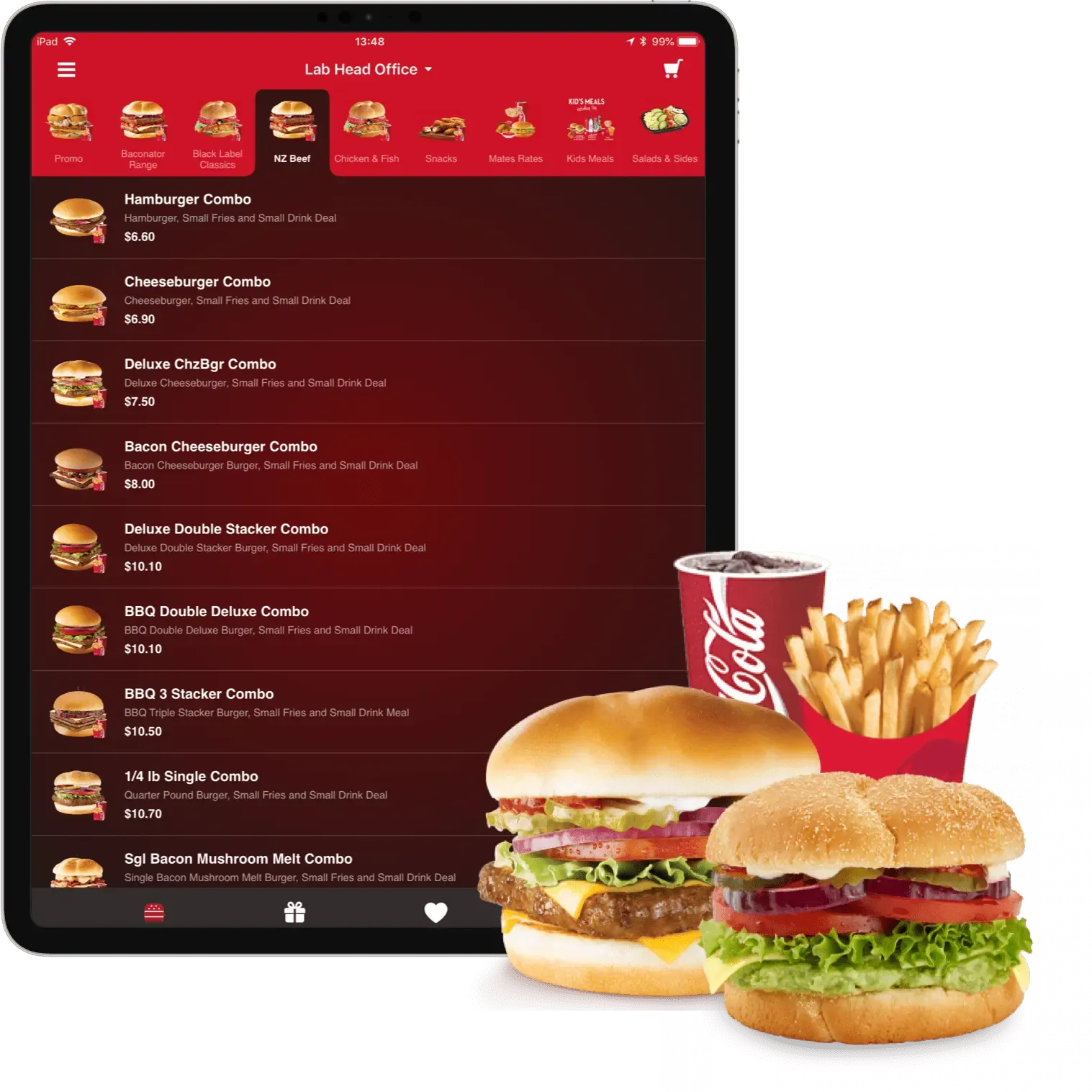 Wendy's app menu on iPad showing NZ Beef combos with prices beside a burger and fries