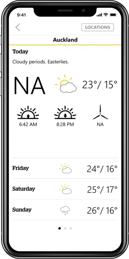 NZ Herald app Auckland weather forecast on iPhone with today's conditions and multi-day outlook