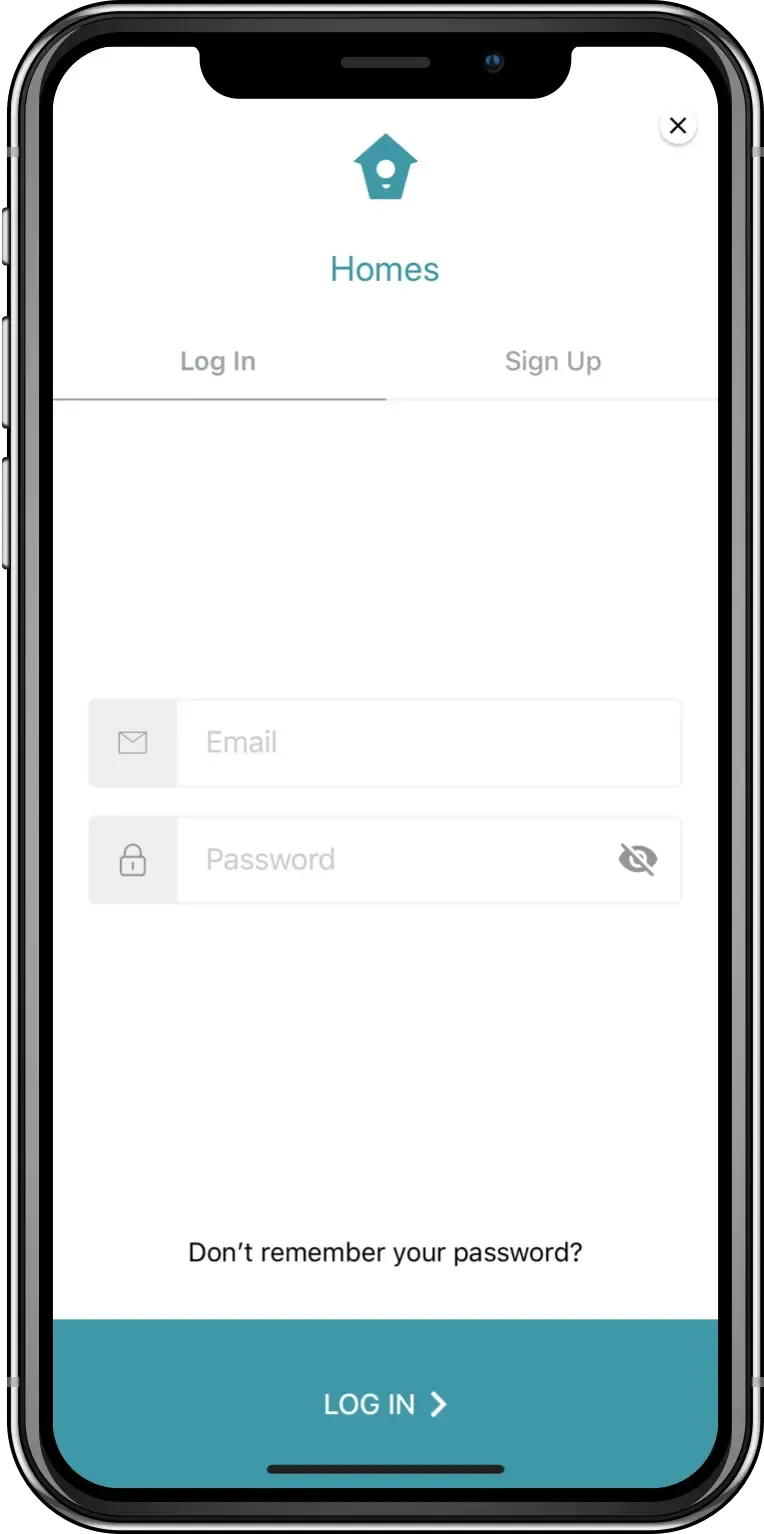 Homes.co.nz app log in screen with email and password fields