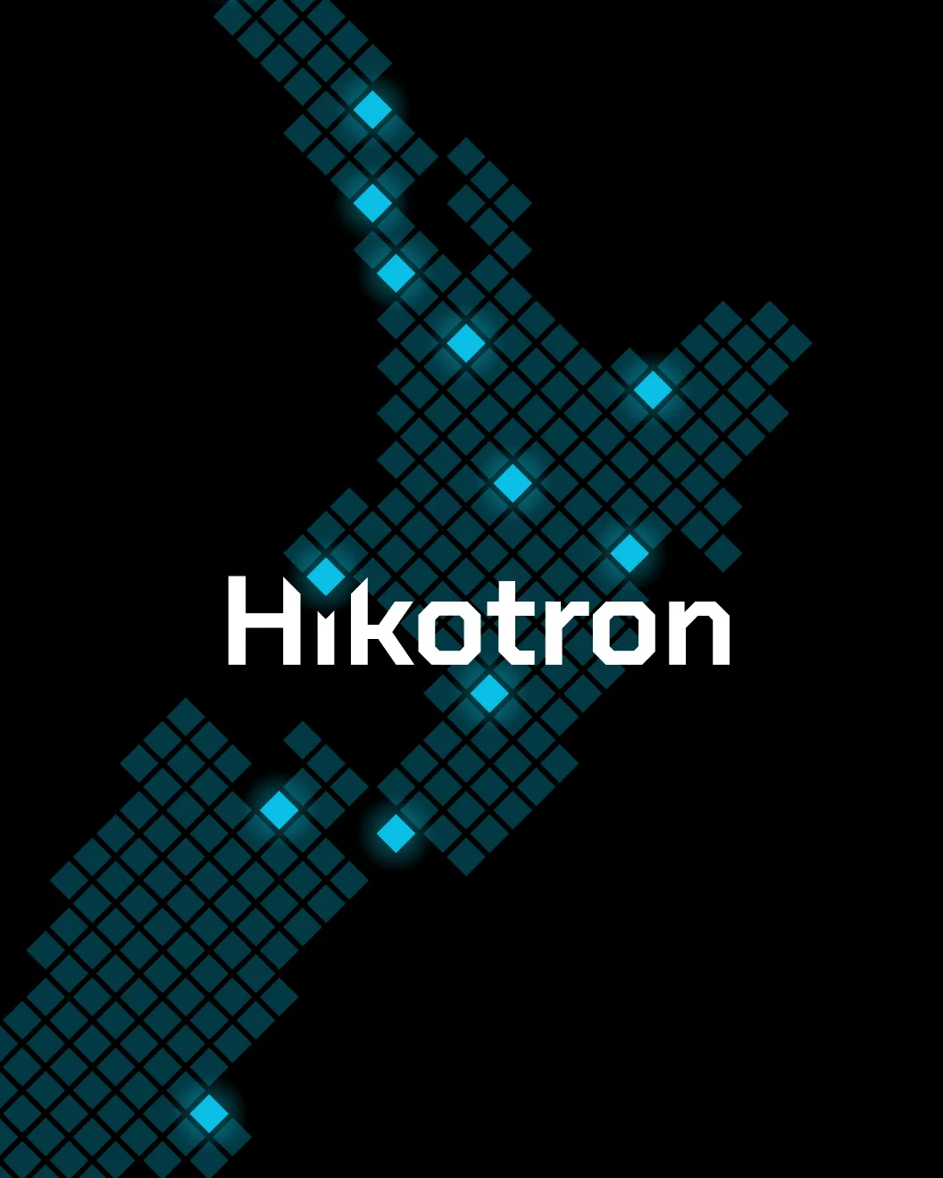 Hikotron wordmark logo over a pixel map of New Zealand in glowing blue