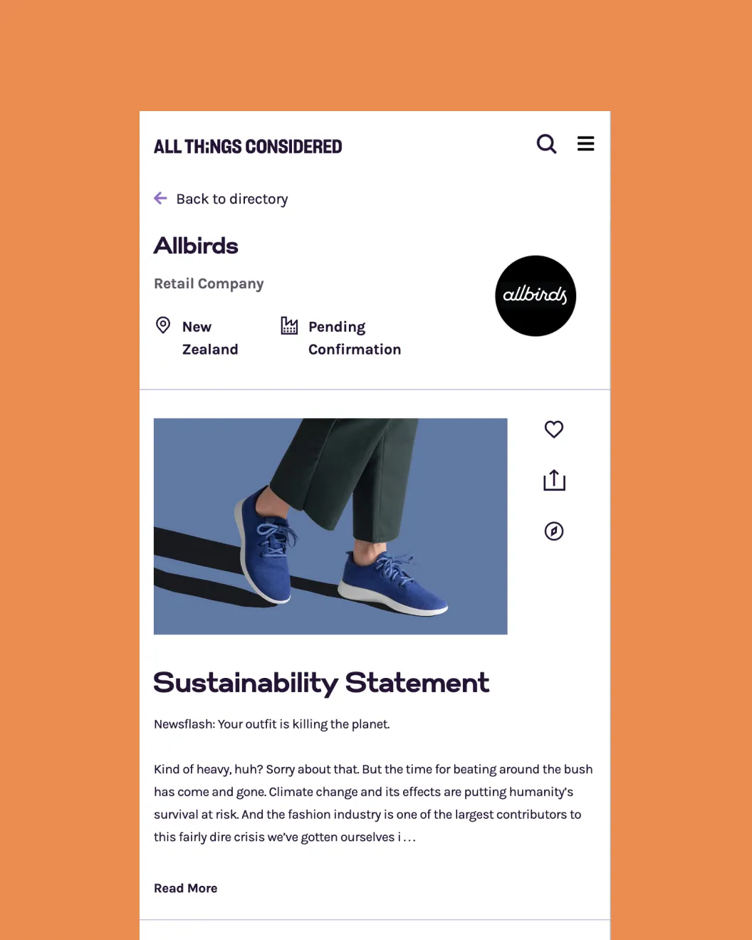 All Things Considered mobile brand profile for Allbirds with its sustainability statement and location details
