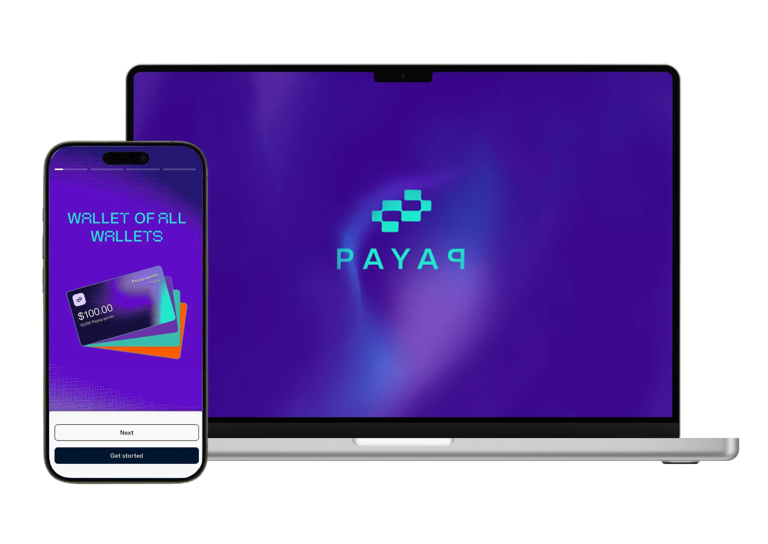 PAYAP wallet onboarding on a phone next to a laptop displaying the PAYAP logo splash screen