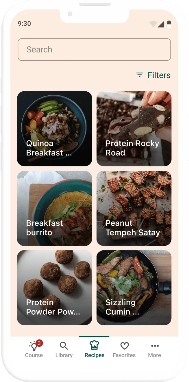 Ovie recipe library with a search bar, filters and PCOS-friendly recipe cards in a bottom-nav layout