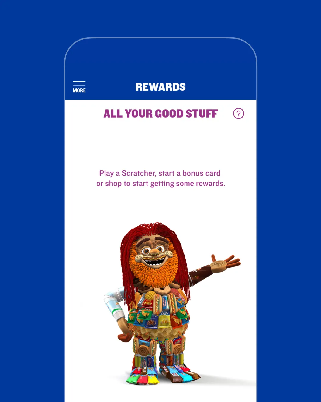 ampm Rewards empty state with the Toomgis mascot prompting users to play a Scratcher or shop