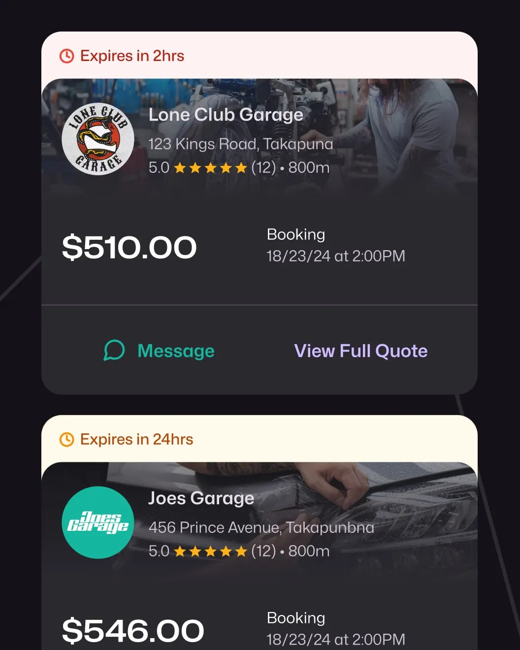 Motorfy quote cards comparing garage prices with countdown timers and view full quote