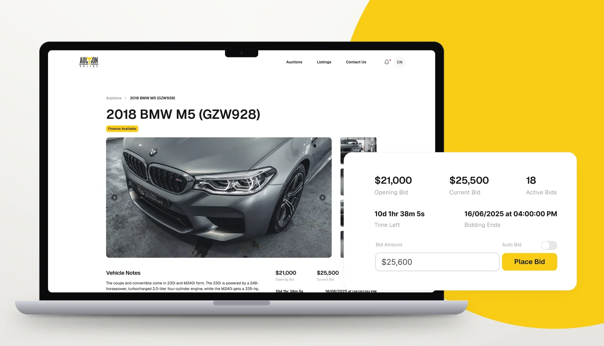 Auction Online vehicle detail page on a laptop, with the live bid panel enlarged showing opening and current bids, active bids, time left and the Place Bid button