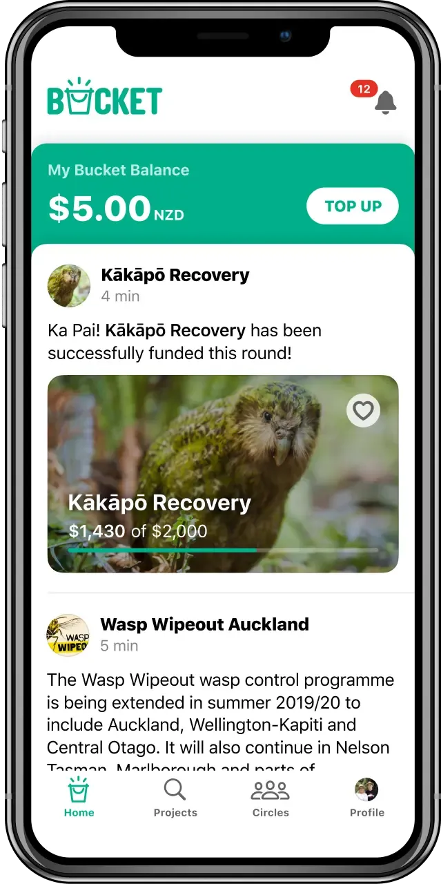 Bucket app onboarding screen introducing the conservation crowdfunding concept